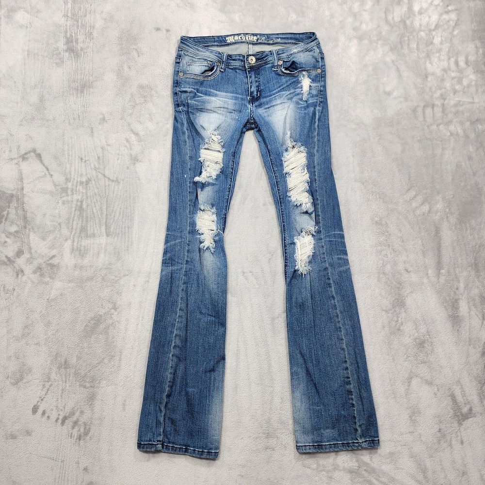Machine Jeans Womens 9 Juniors Blue Low Rise Bootcut Distressed Stretch Denim